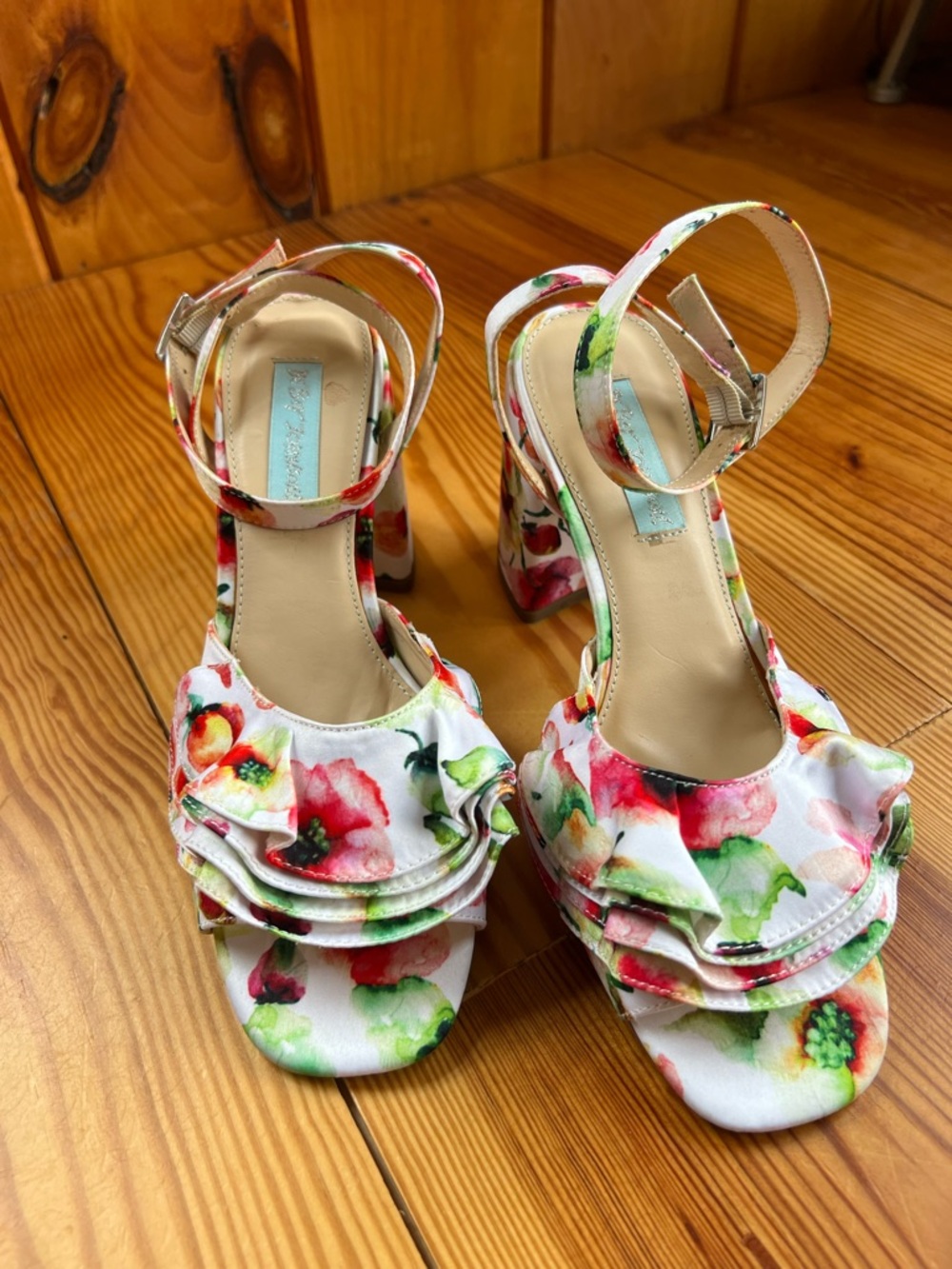 Betsey Johnson White Floral Ruffle Ankle-Strap Heels